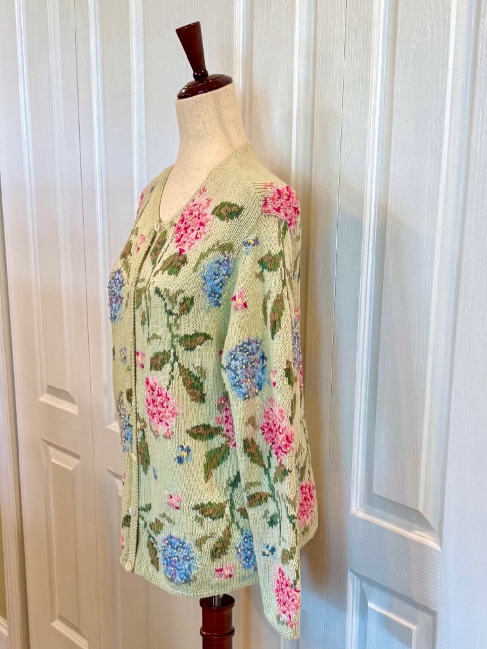 Vintage Talbots Hand Knit Hydrangea Cardigan Sweater M Linen Cotton Cottagecore